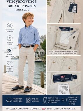 Vineyard Vines Boys Breaker Pants boys SZ 6 Stone Khaki Stretch Chino Preppy KID